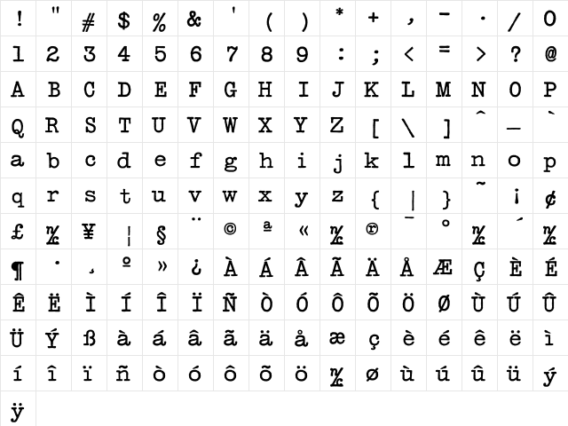 TypeWriterRomanConde Regular  glyph index