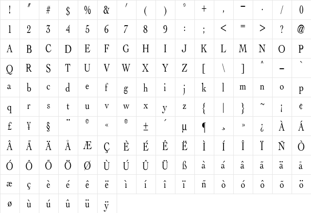 Albatross Regular  glyph index