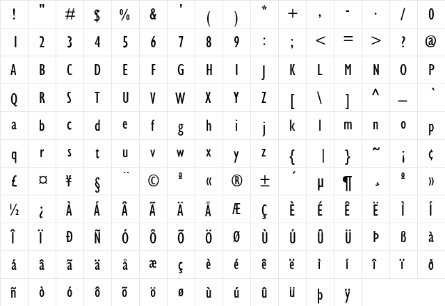 GarrisonSans-Cond Regular  glyph index