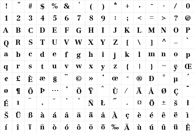 Centennial-Bold Regular  glyph index