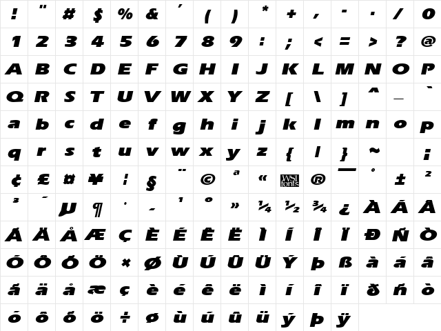 ErgoeBlackExpanded Italic  glyph index