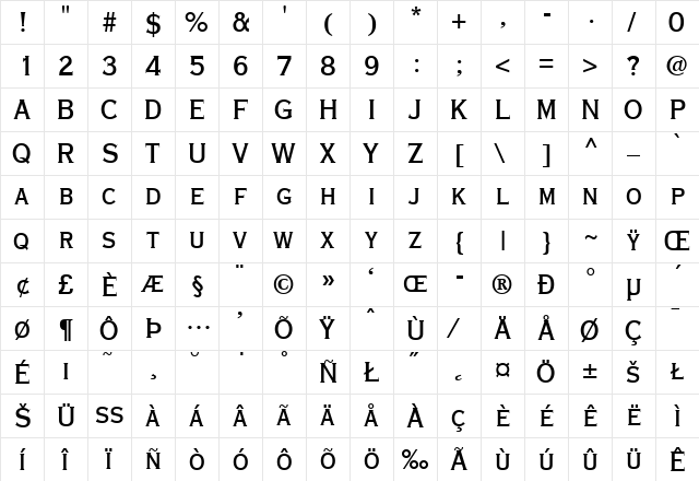 Copperplate-ThirtyAB Regular  glyph index