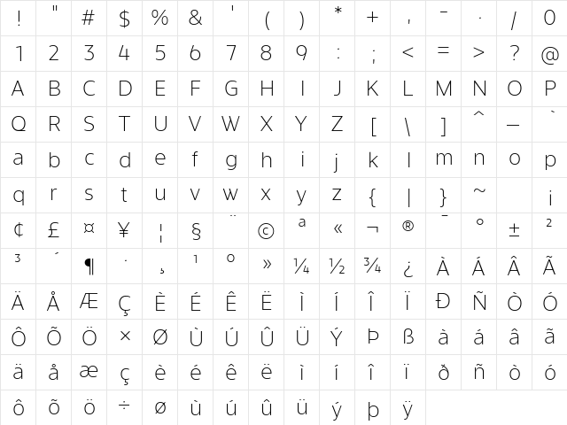 Evander ExtraLight  glyph index