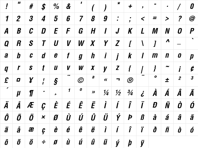 Helvetica Condensed Bold Oblique  glyph index