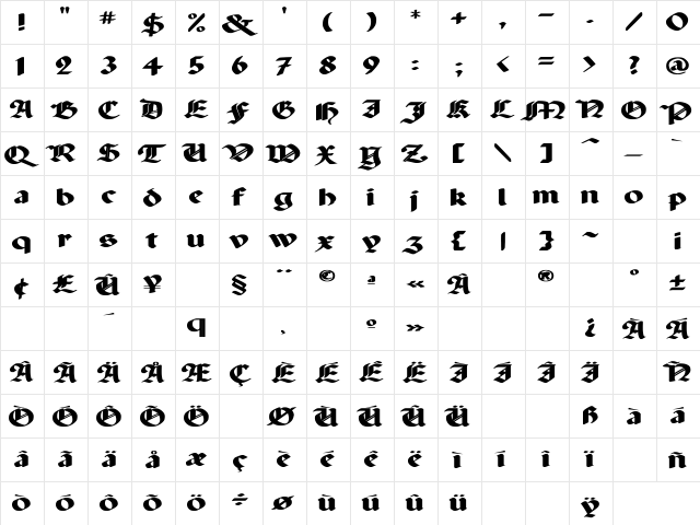 Paganini Wd Bold Bold  glyph index