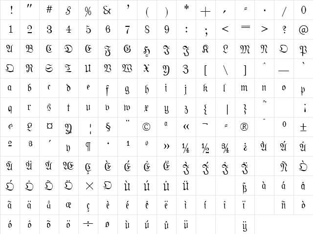 Phraxtured Regular  glyph index