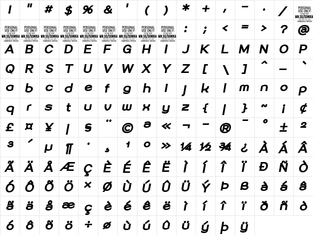 Sonika PERSONAL USE Black Italic  glyph index