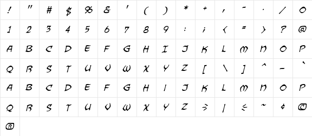 Dragonbones BB Italic  glyph index