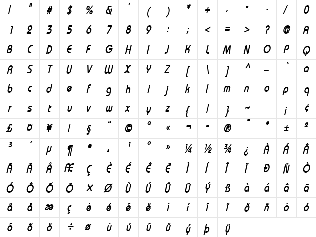 Bimini-Condensed Bold Italic  glyph index