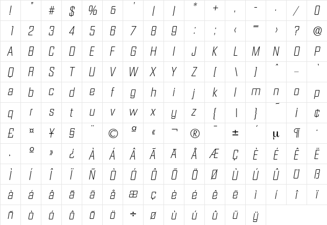 Diamante-XlightIta Regular  glyph index