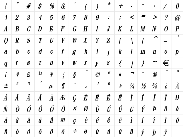 FelineCondensed BoldItalic  glyph index