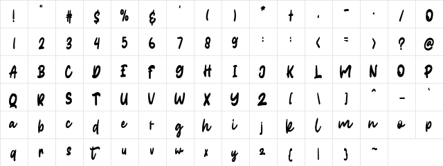 Burgundy Script  glyph index