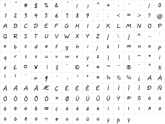 QuillScriptkern Normal Regular  glyph index