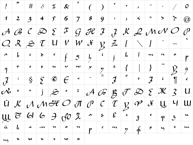 Legende Regular  glyph index