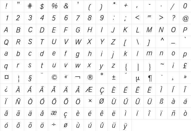 Aral-Type BQ Light Italic  glyph index