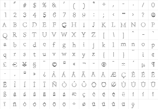 BrandonBeckerOutline-ExLight Regular  glyph index