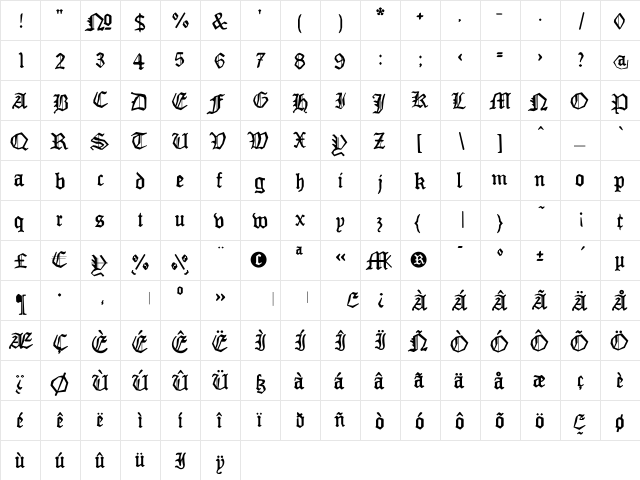 MonAmourFraktur-Broken Regular  glyph index