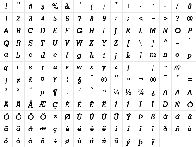 Jaak SSi Bold Italic  glyph index