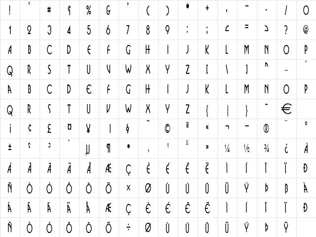 Bosnia Normal  glyph index