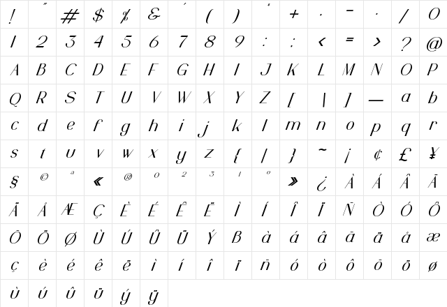 Pinkerston Italic Regular  glyph index