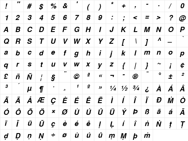 Pali Helvetica Regular  glyph index