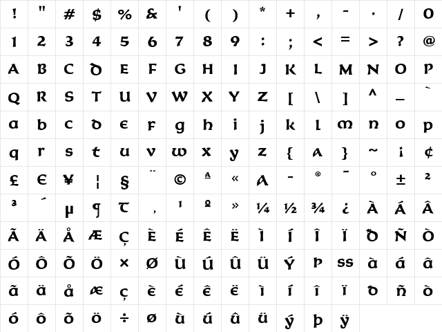 Korigan ITC Bold  glyph index