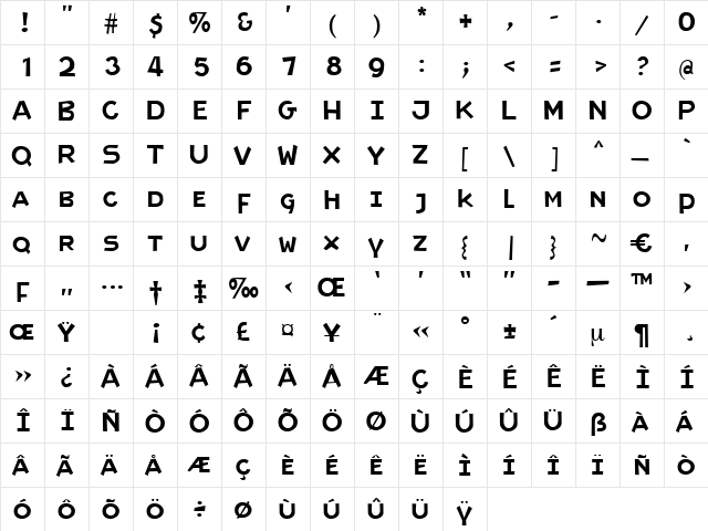 Raveline Regular  glyph index