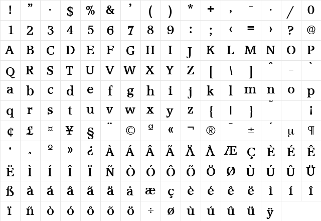Accolade-Serial Bold  glyph index