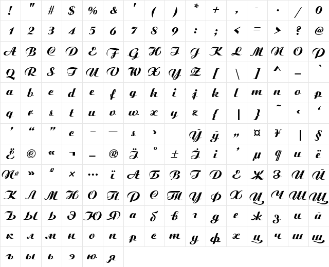 Boyarsky Bold Italic  glyph index