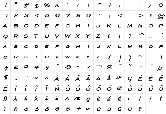 Chisel Wide Bold Italic  glyph index