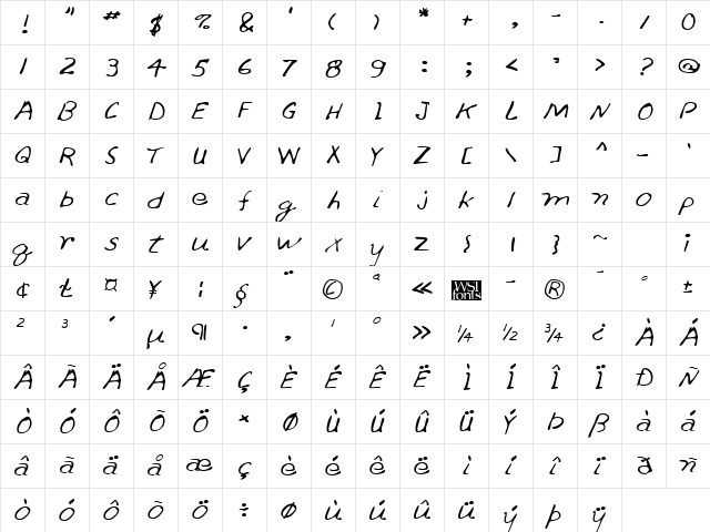 SkylersHand Regular  glyph index