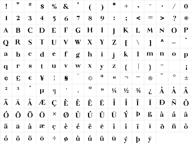 Felina SerifExtra Bold Regular  glyph index