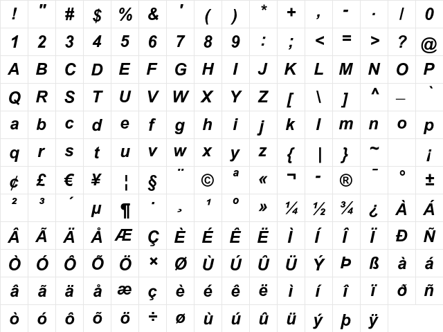 Arial MT Std Bold Italic  glyph index