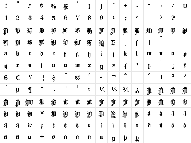 ProgressiveText Regular  glyph index