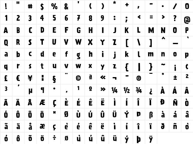 PraterSansTwo-Bold Bold  glyph index