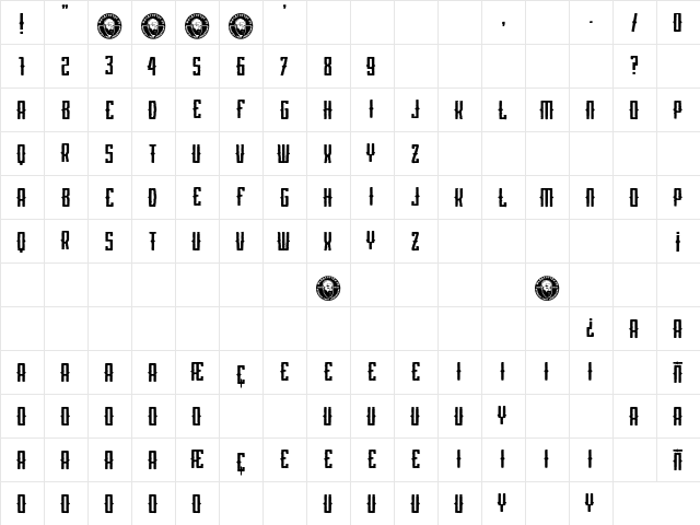Barna Hardcore Regular  glyph index