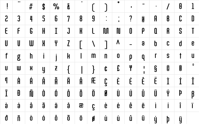 Quota Bold Cond.  glyph index