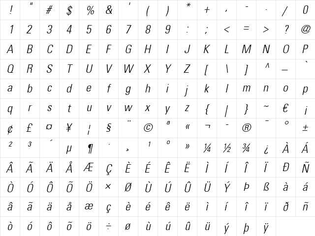 Univers LT 47 CondensedLt Italic  glyph index