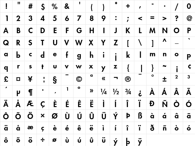 Futura Heavy  glyph index