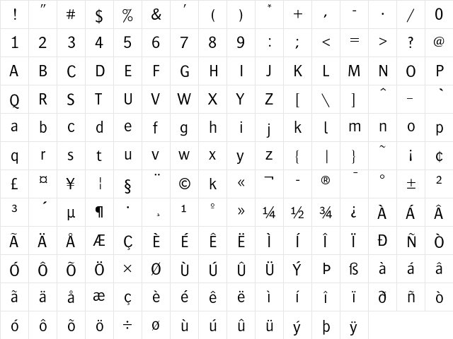 Bosis Regular  glyph index