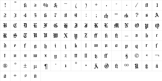 EnglishGravure Regular  glyph index