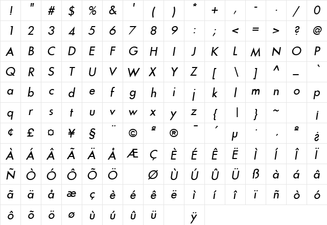 Intrepid Italic  glyph index