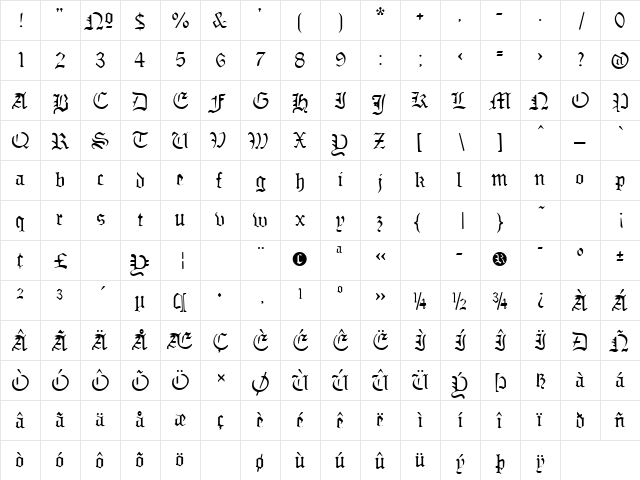 SabbathBlackRegular Regular  glyph index