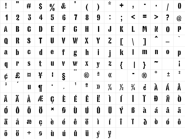 StencilSet Regular  glyph index