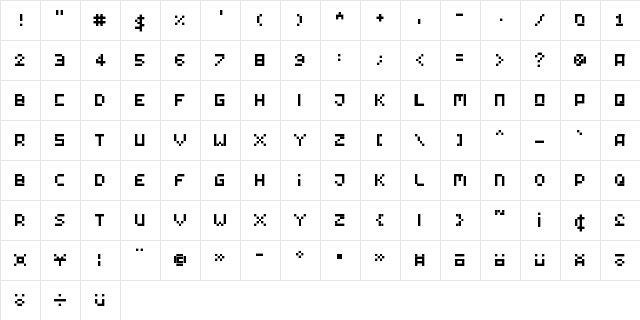 Tiny Pixy Regular  glyph index
