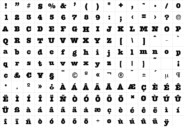 TypewriterSerial-Heavy Regular  glyph index