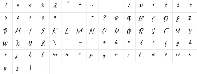 Scarlet Pen Regular  glyph index