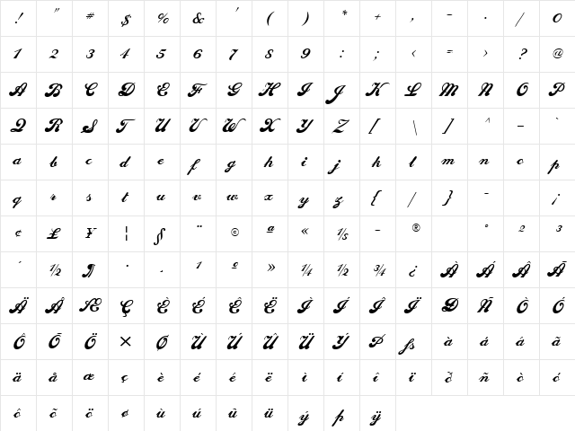 SedonaScriptFLF Regular  glyph index