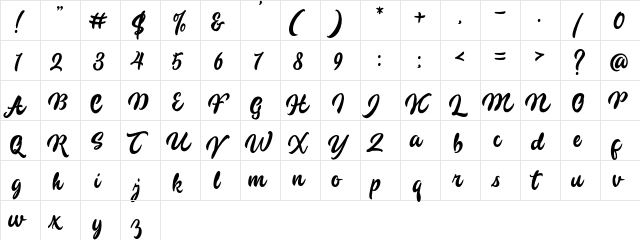 Tristan Script Regular  glyph index