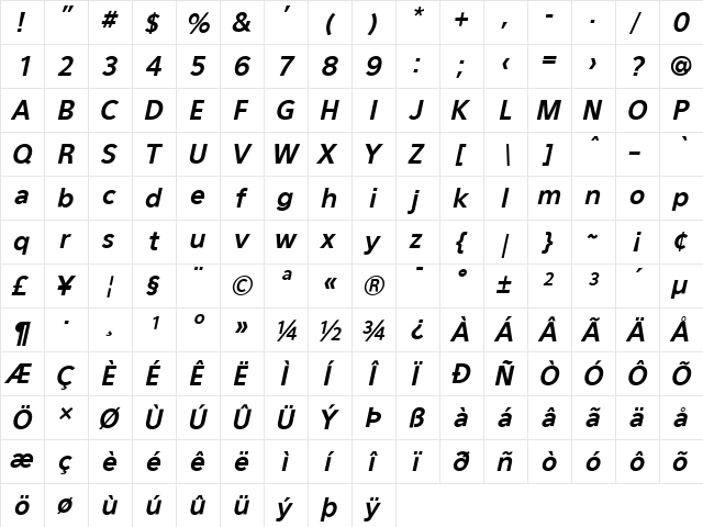 Eau Sans Bold Lining Oblique  glyph index